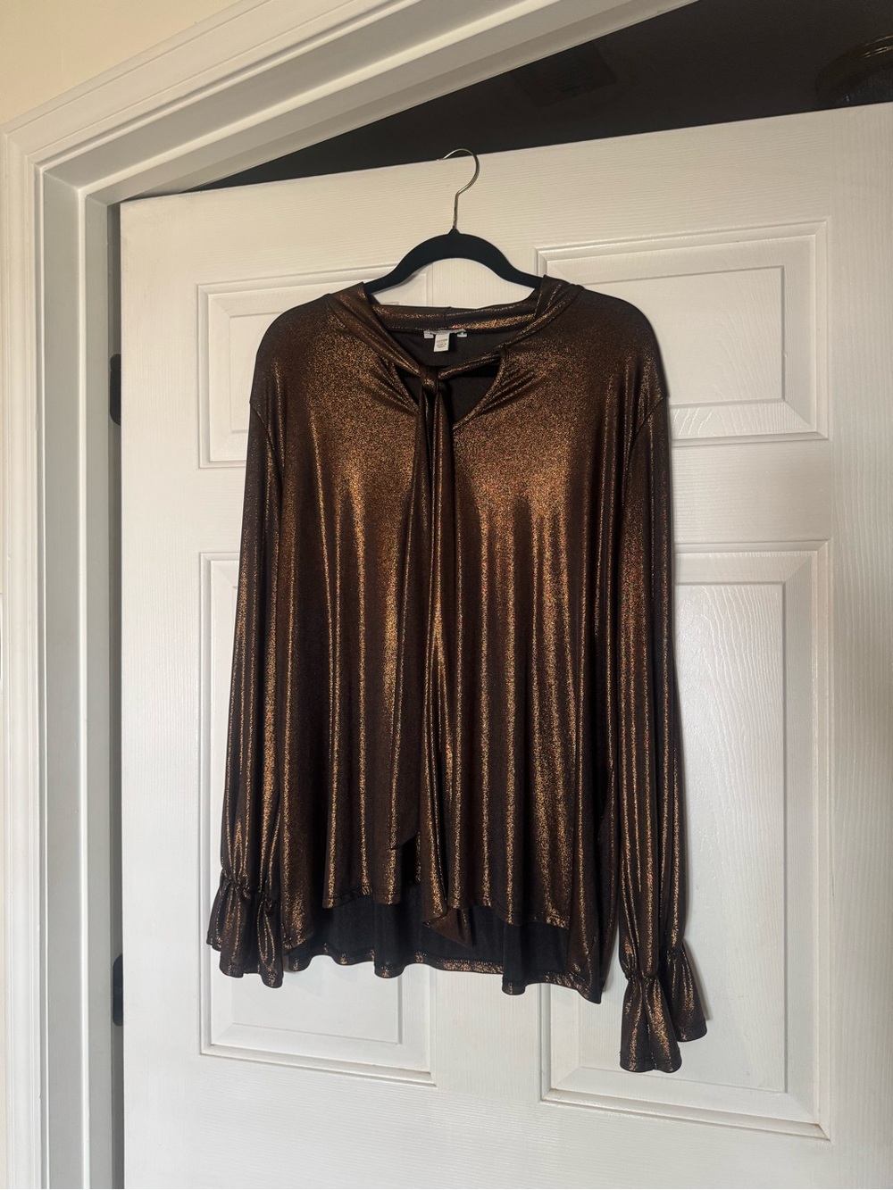 Cato Bronze Metallic Tie-Neck Long Sleeve Blouse